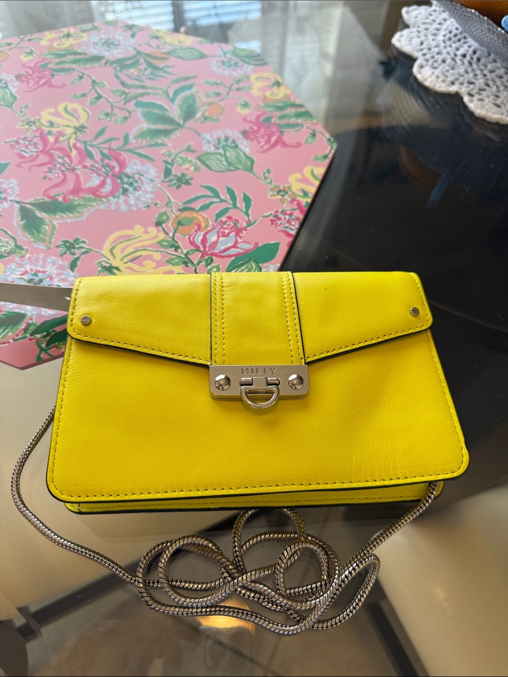Milly Neon Yellow Leather Crossbody with Silver Chain